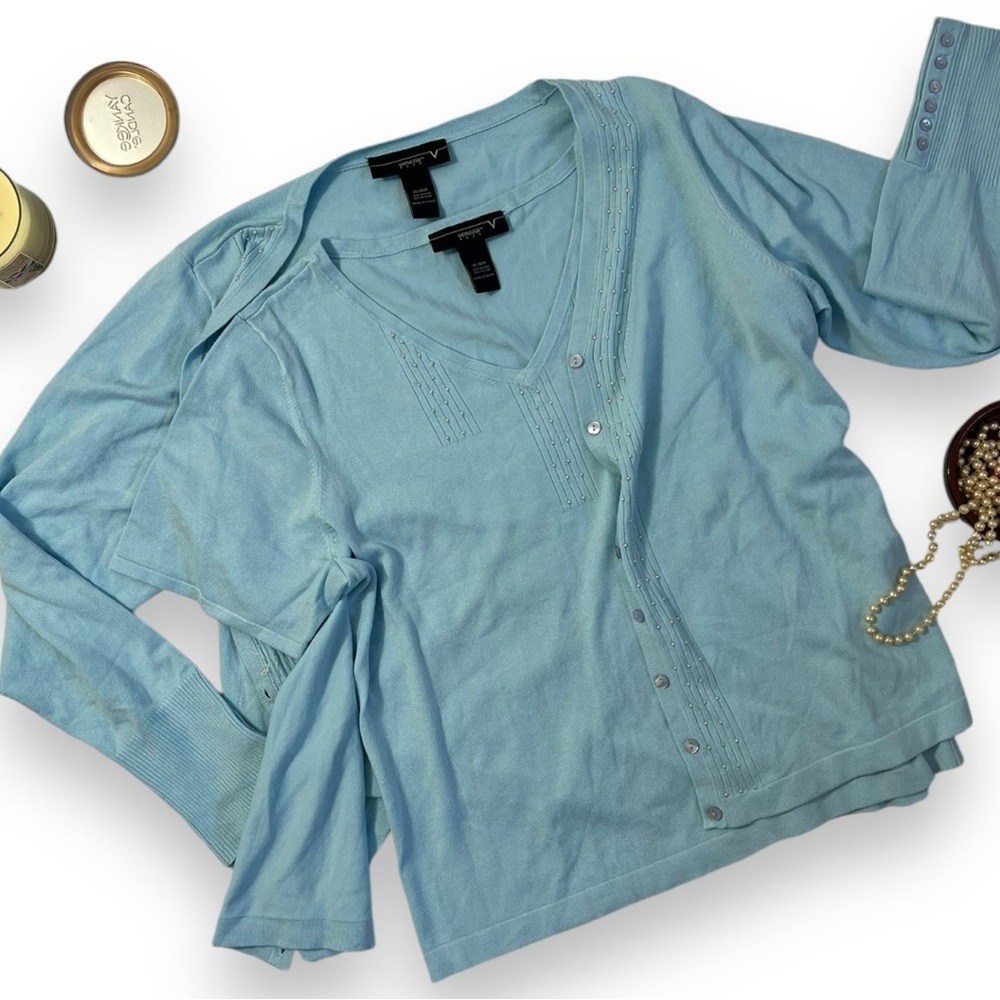 Plus Sz Light Blue V-Neck Cardigan and Short Sleeve Sweater Matching Set